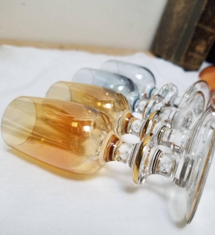 Vintage French Art Deco Liqueur Glasses: Multi-Colored Lustreware with Gold Rim