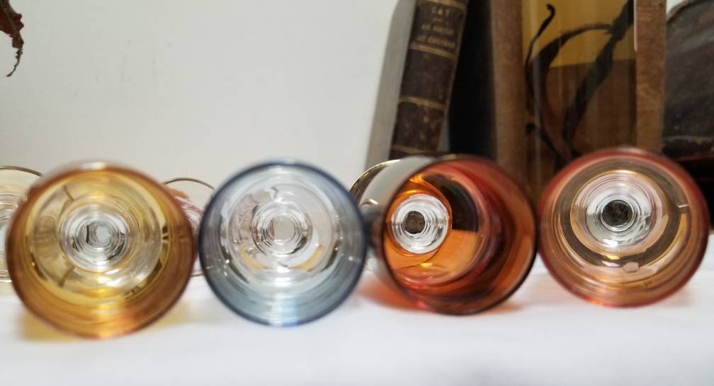 Vintage French Art Deco Liqueur Glasses: Multi-Colored Lustreware with Gold Rim