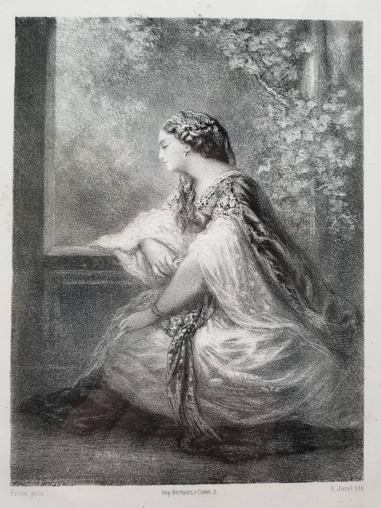 Antique 1800s Namouna Lithograph Print By A Jorel In a Black Wood Frame