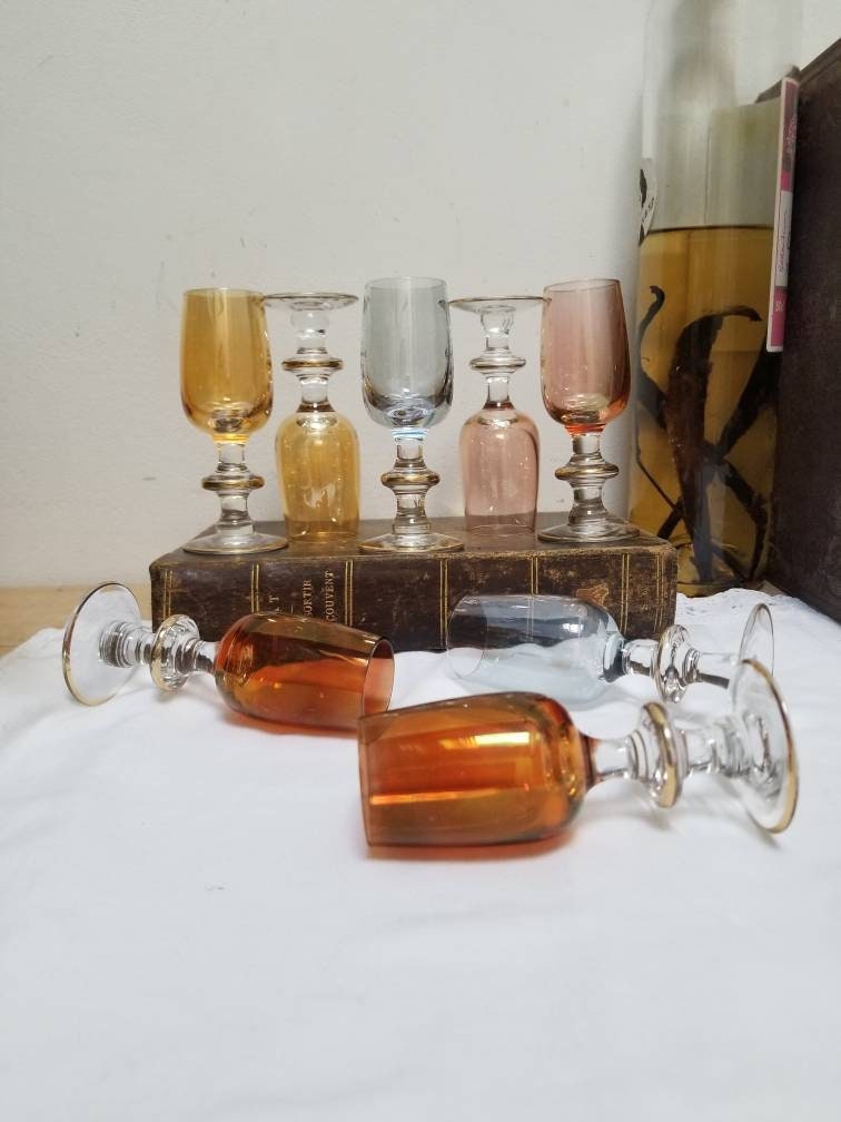 Vintage French Art Deco Liqueur Glasses: Multi-Colored Lustreware with Gold Rim