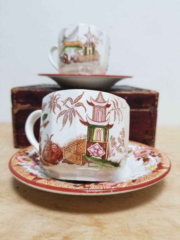 Antique French Sarreguemines Kyoto Coffee Cups & Saucers Chinoiserie
