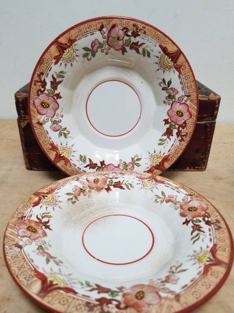 Antique French Sarreguemines Kyoto Coffee Cups & Saucers Chinoiserie