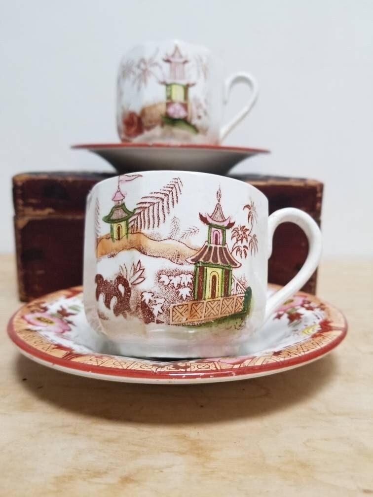 Antique French Sarreguemines Kyoto Coffee Cups & Saucers Chinoiserie