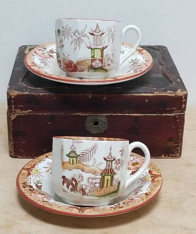 Antique French Sarreguemines Kyoto Coffee Cups & Saucers Chinoiserie