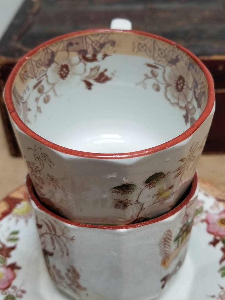 Antique French Sarreguemines Kyoto Coffee Cups & Saucers Chinoiserie