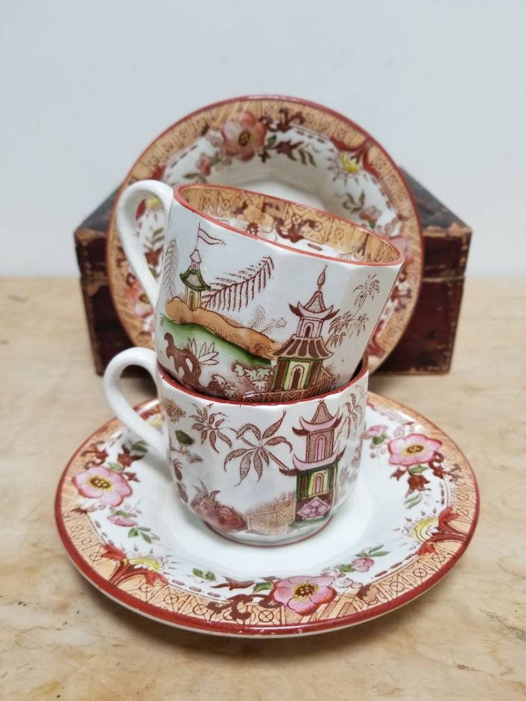 Antique French Sarreguemines Kyoto Coffee Cups & Saucers Chinoiserie