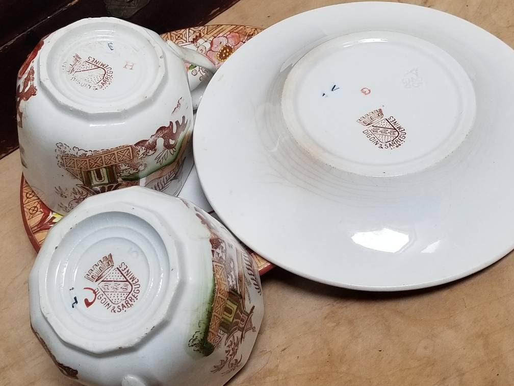 Antique French Sarreguemines Kyoto Coffee Cups & Saucers Chinoiserie