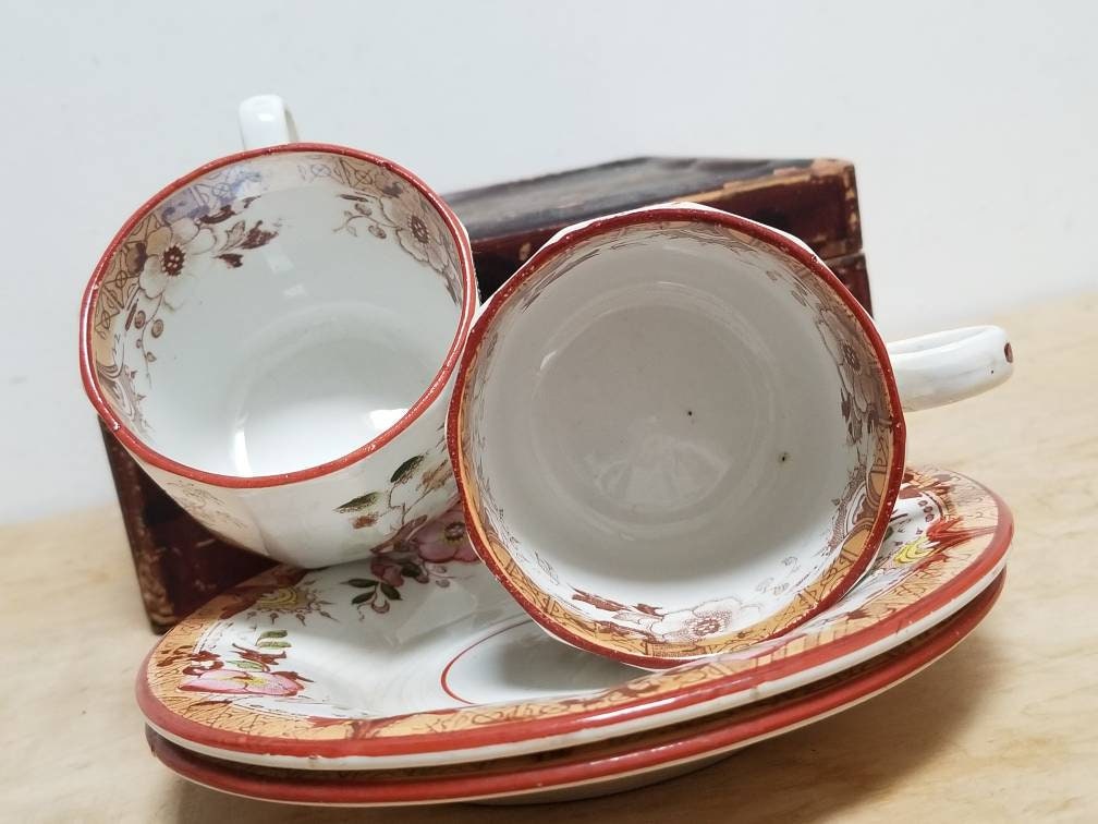 Antique French Sarreguemines Kyoto Coffee Cups & Saucers Chinoiserie