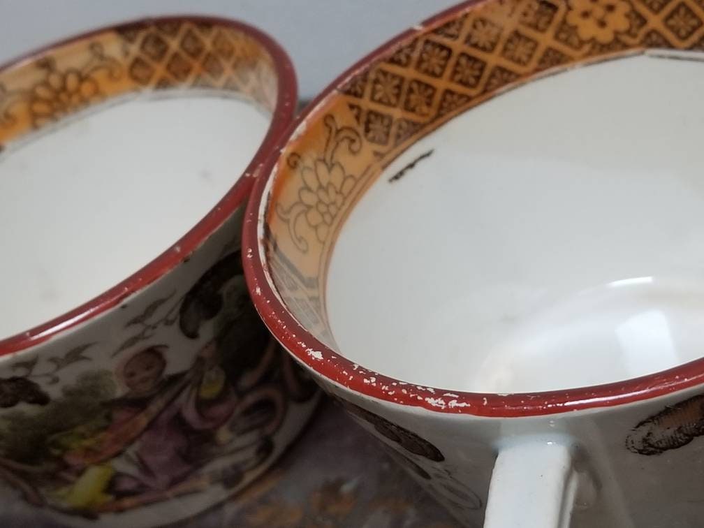 Tasses à thé et soucoupes anciennes Sarreguemines, style chinoiserie