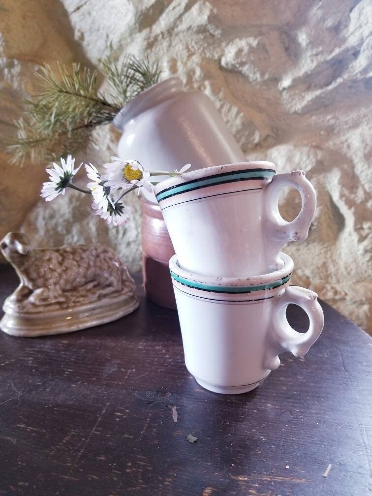 Antique Timeworn French Brulot Coffee Cups: Whiteware Espress 1800s Bistroware