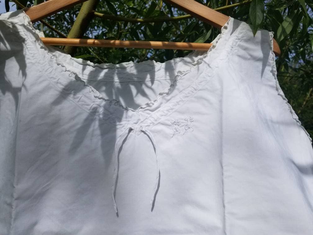 Antique French Handmade 1920s Linen Cotton Sleeveless Dress Monogram Initials GJ.