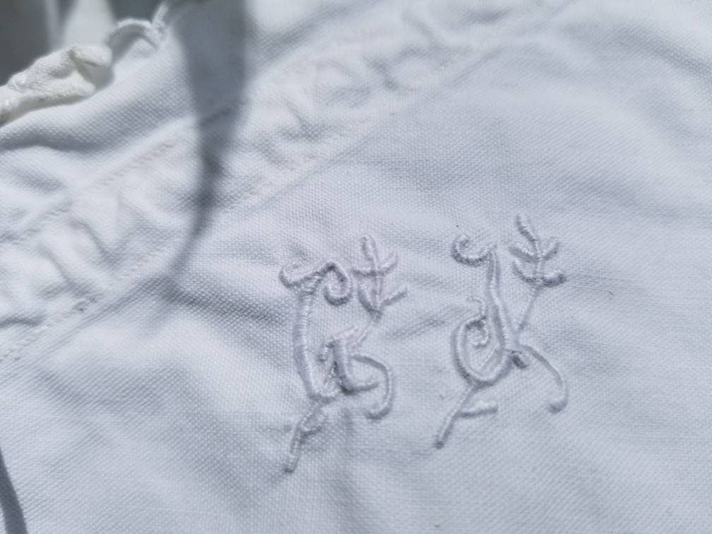 Antique French Handmade 1920s Linen Cotton Sleeveless Dress Monogram Initials GJ.