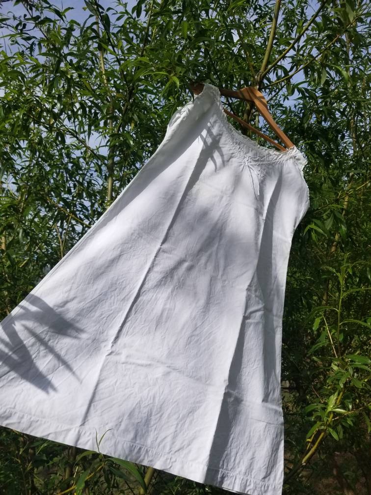Antique French Handmade 1920s Linen Cotton Sleeveless Dress Monogram Initials GJ.
