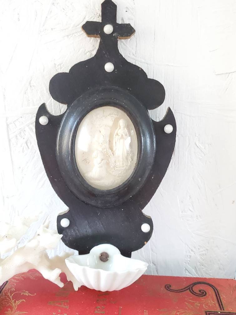 Vintage French Napoleon III Wood Font: Madonna & St Bernadette