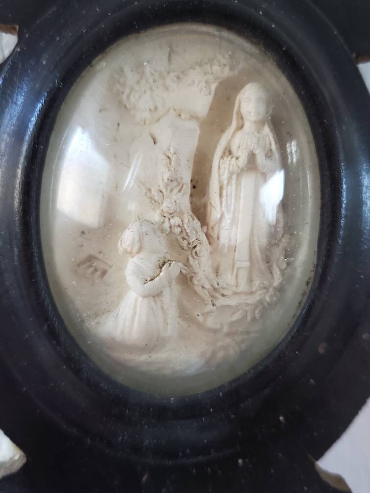 Vintage French Napoleon III Wood Font: Madonna & St Bernadette