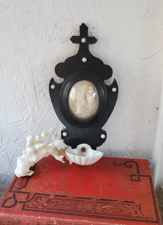Vintage French Napoleon III Wood Font: Madonna & St Bernadette