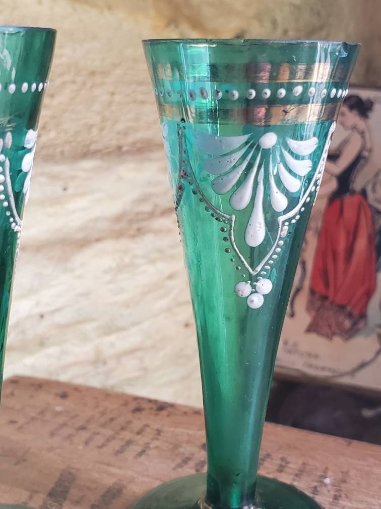 Antique French Green Liqueur Glasses: Hand-Painted Enamel Flowers