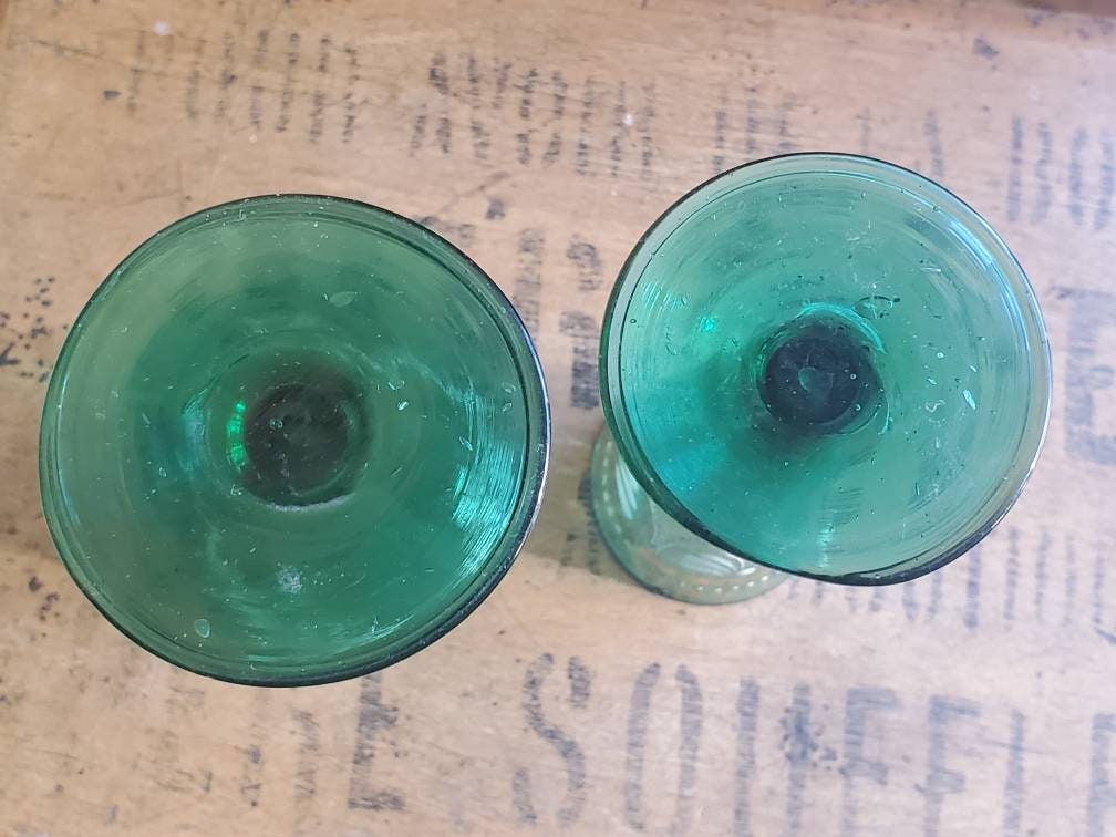 Antique French Green Liqueur Glasses: Hand-Painted Enamel Flowers