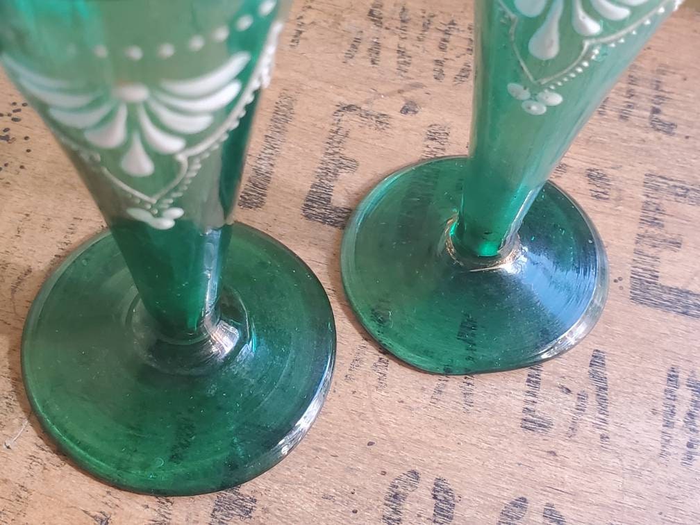 Antique French Green Liqueur Glasses: Hand-Painted Enamel Flowers