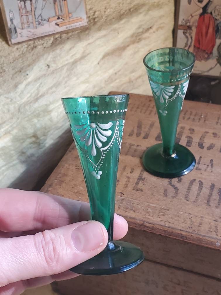 Antique French Green Liqueur Glasses: Hand-Painted Enamel Flowers