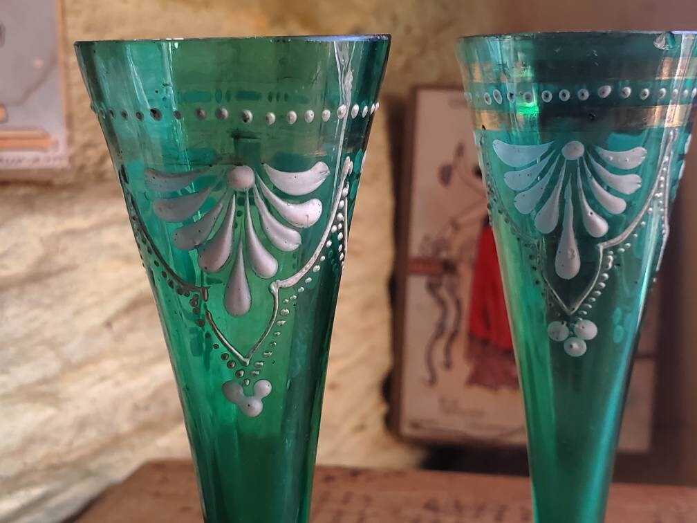 Antique French Green Liqueur Glasses: Hand-Painted Enamel Flowers