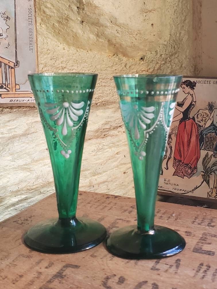 Antique French Green Liqueur Glasses: Hand-Painted Enamel Flowers