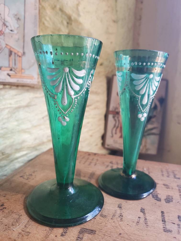 Antique French Green Liqueur Glasses: Hand-Painted Enamel Flowers
