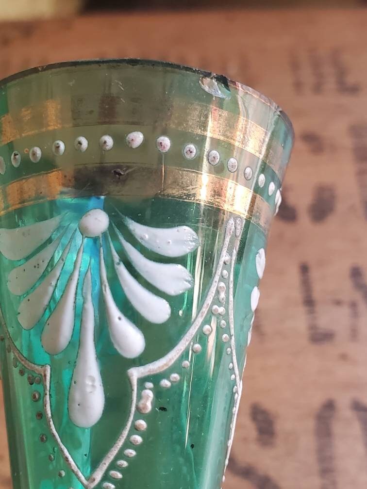 Antique French Green Liqueur Glasses: Hand-Painted Enamel Flowers