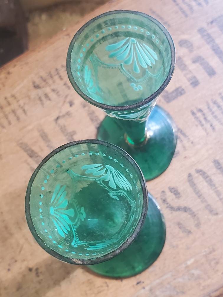 Antique French Green Liqueur Glasses: Hand-Painted Enamel Flowers