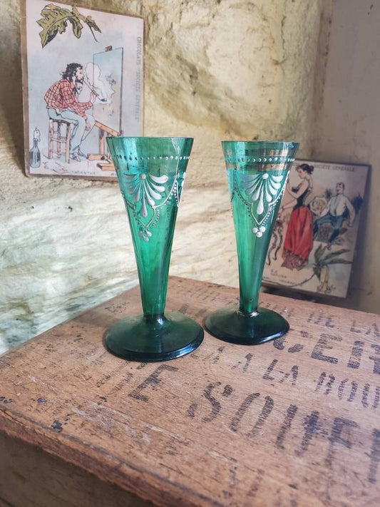 Antique French Green Liqueur Glasses: Hand-Painted Enamel Flowers
