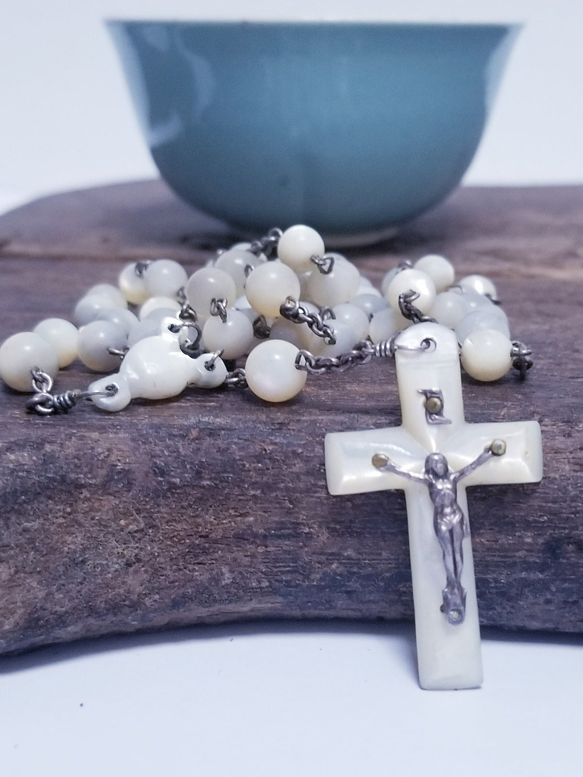 Vintage French Mother of Pearl Rosary, 1930s Chaplet