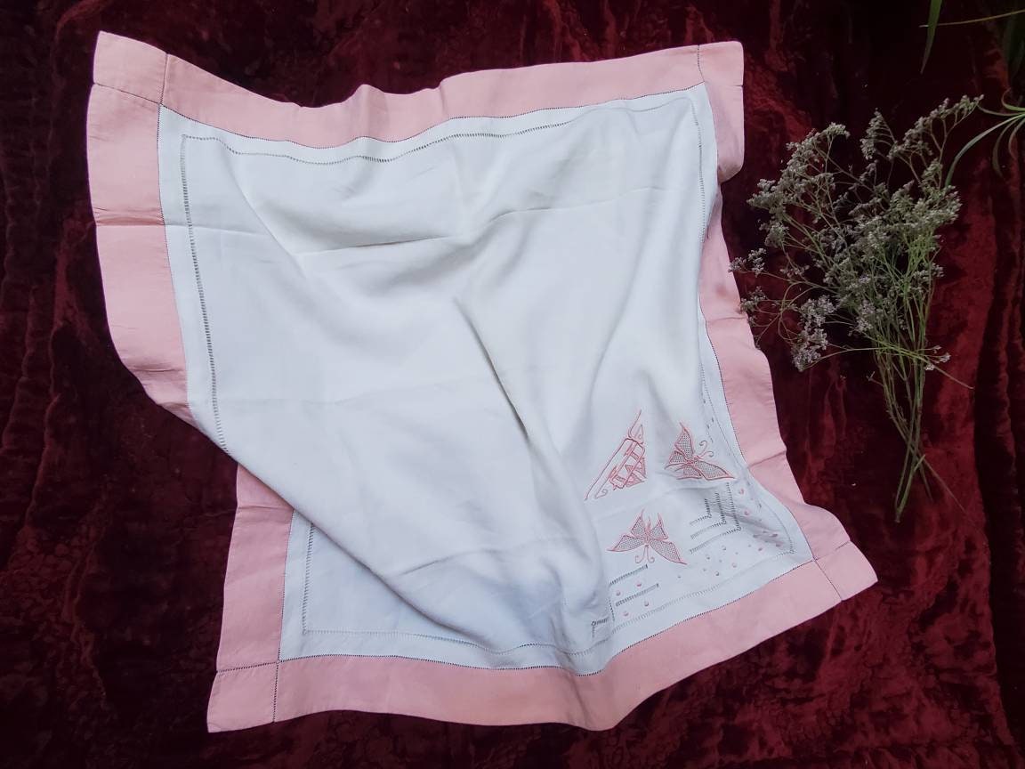 Antique French Linen Pillowcase Sham: XL White Monogrammed 'PM' with Pink Border