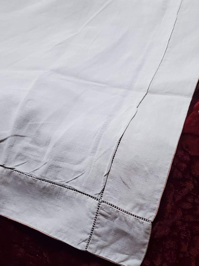 Antique French Linen Pillowcase Sham: XL White Monogrammed 'PM' with Pink Border