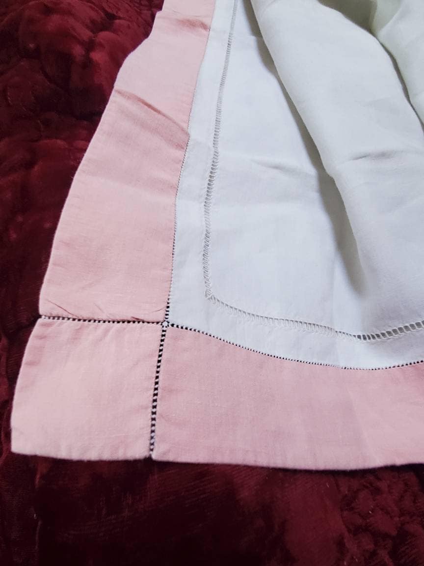 Antique French Linen Pillowcase Sham: XL White Monogrammed 'PM' with Pink Border