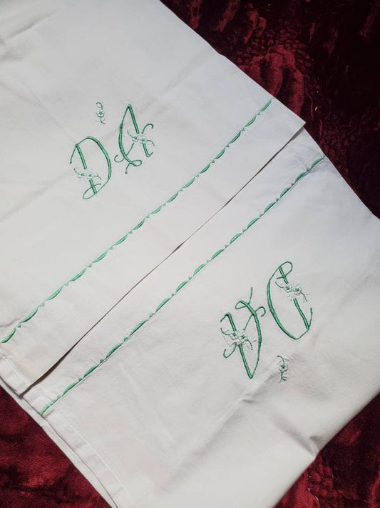 Antique French Green Embroidered Monogram DA White Cotton Long Bolster Pillowcase
