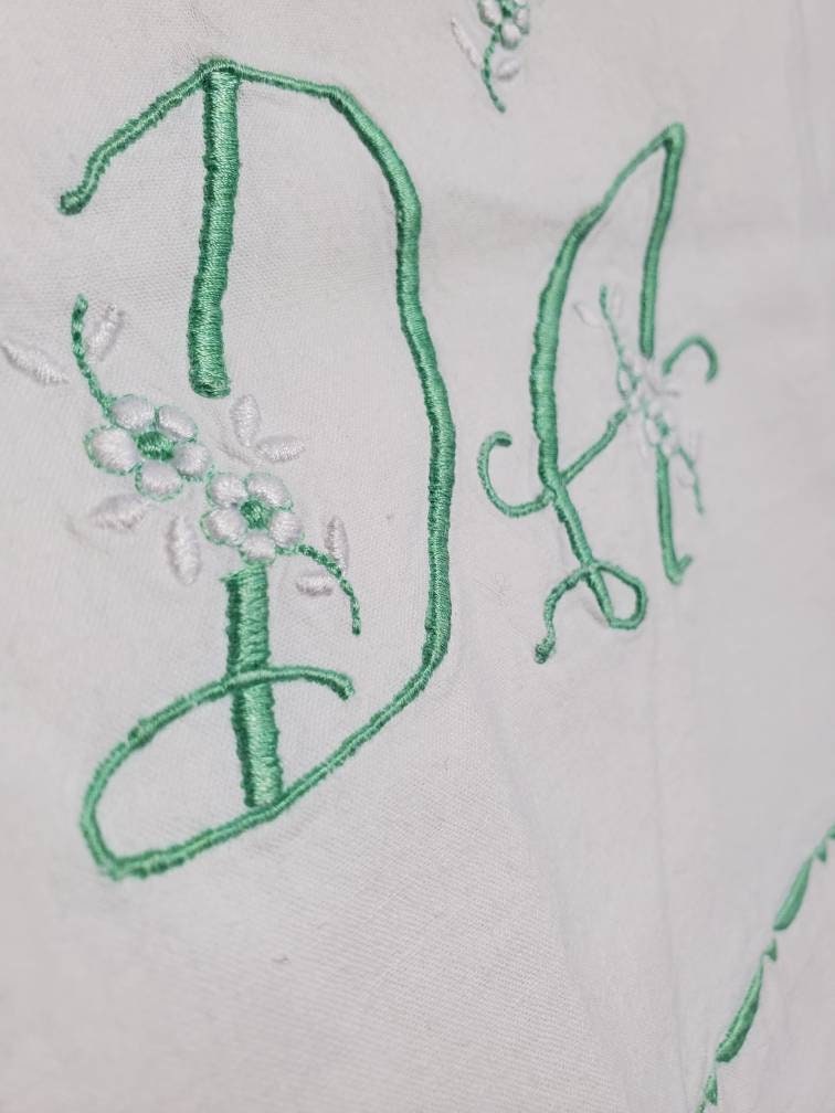 Antique French Green Embroidered Monogram DA White Cotton Long Bolster Pillowcase