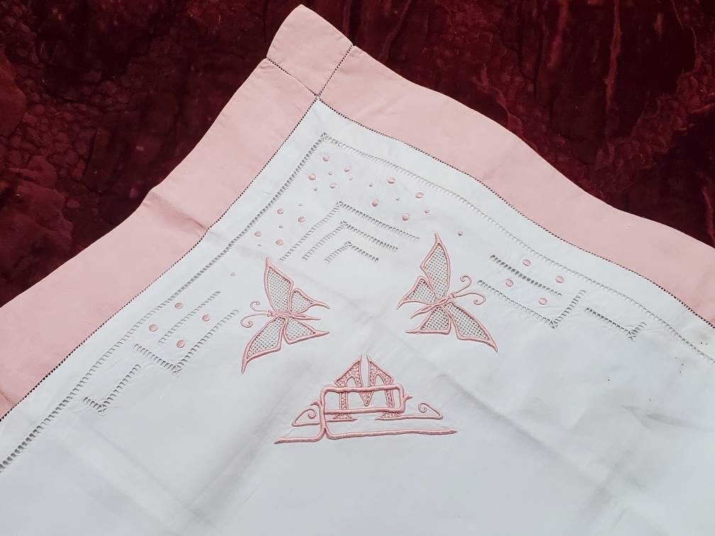 Antique French Linen Pillowcase Sham: XL White Monogrammed 'PM' with Pink Border