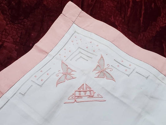 Antique French Linen Pillowcase Sham: XL White Monogrammed 'PM' with Pink Border