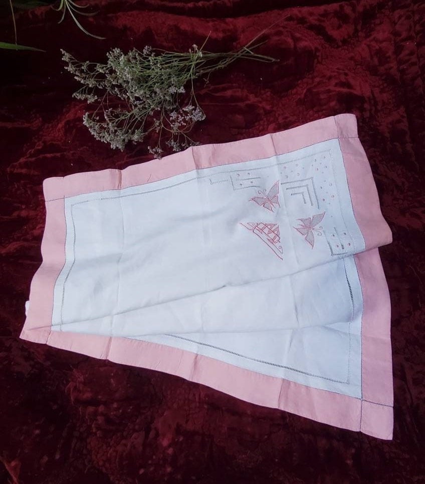 Antique French Linen Pillowcase Sham: XL White Monogrammed 'PM' with Pink Border