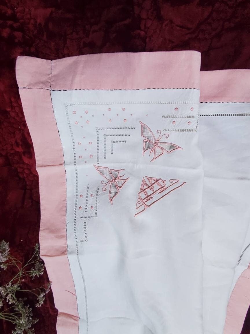 Antique French Linen Pillowcase Sham: XL White Monogrammed 'PM' with Pink Border