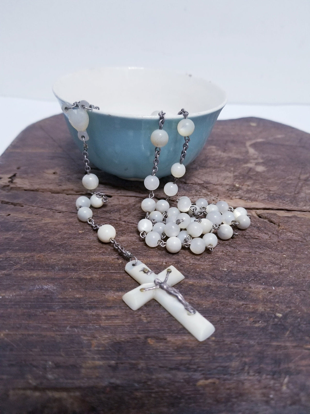 Vintage French Mother of Pearl Rosary, 1930s Chaplet
