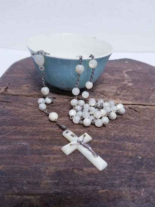 Vintage French Mother of Pearl Rosary, 1930s Chaplet