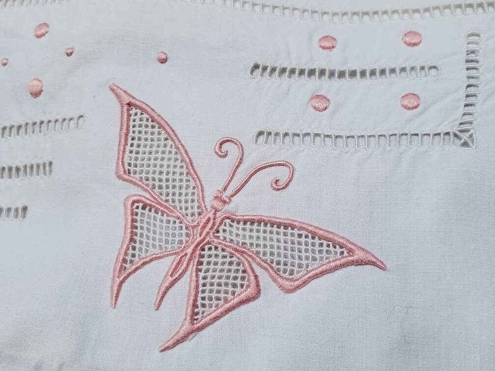 Antique French Linen Pillowcase Sham: XL White Monogrammed 'PM' with Pink Border