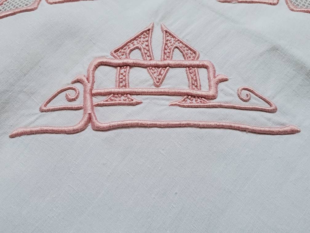 Antique French Linen Pillowcase Sham: XL White Monogrammed 'PM' with Pink Border