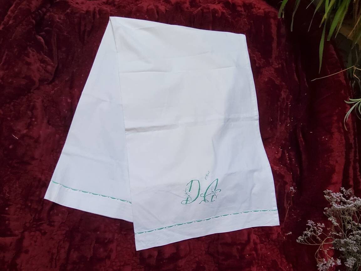 Antique French Green Embroidered Monogram DA White Cotton Long Bolster Pillowcase