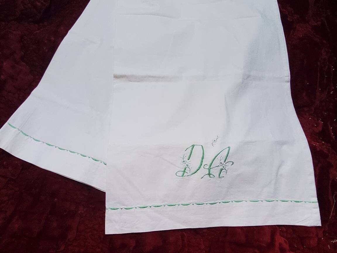 Antique French Green Embroidered Monogram DA White Cotton Long Bolster Pillowcase