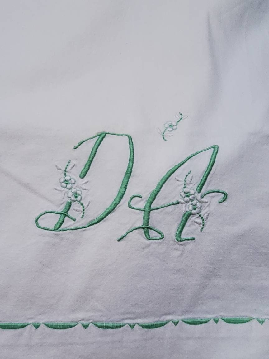 Antique French Green Embroidered Monogram DA White Cotton Long Bolster Pillowcase