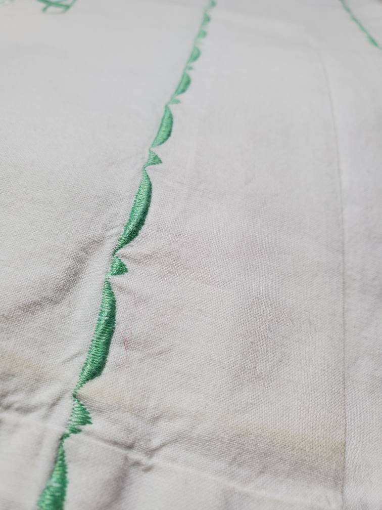 Antique French Green Embroidered Monogram DA White Cotton Long Bolster Pillowcase
