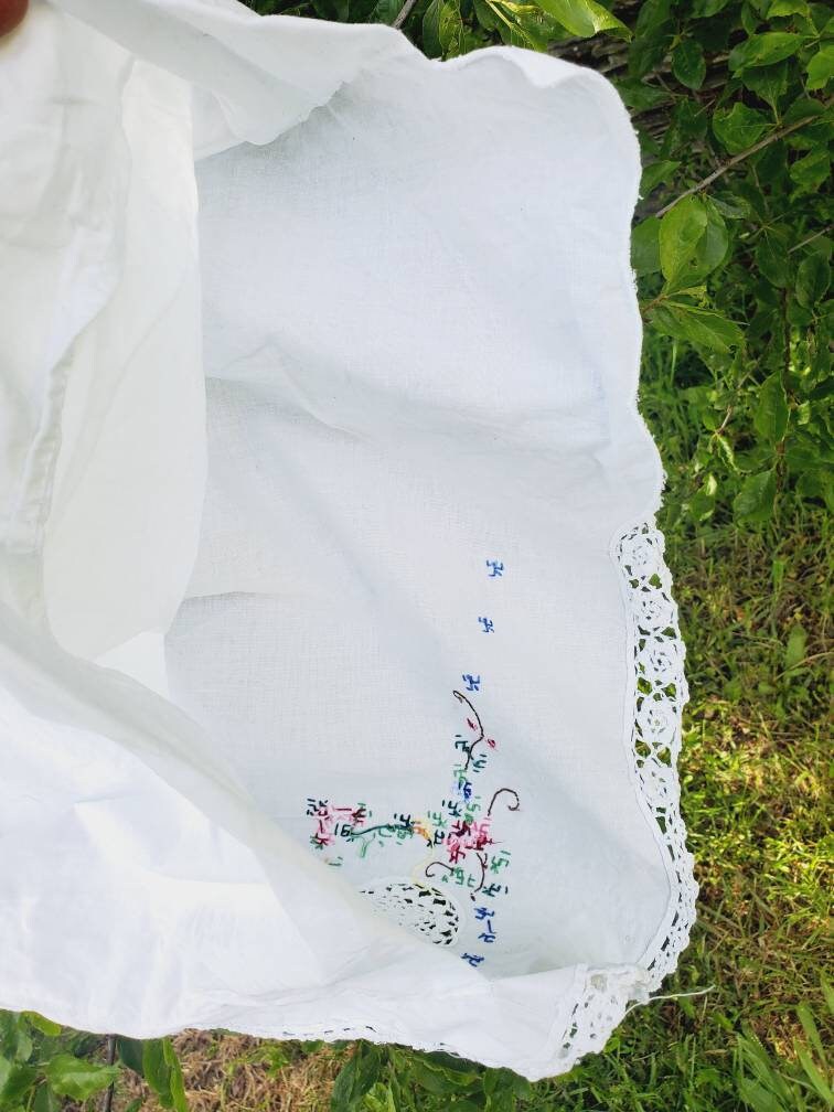 Vintage French Cotton Pillowcase: Cross Stitch Floral Lace Edge