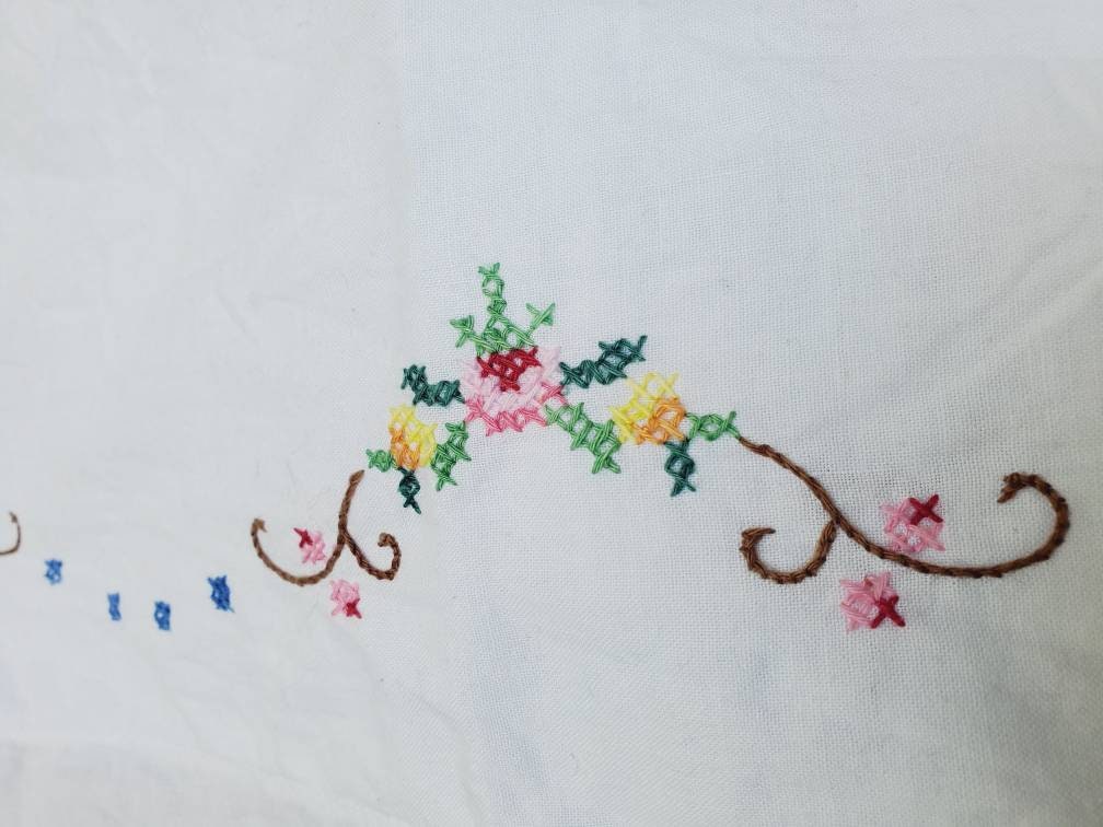 Vintage French Cotton Pillowcase: Cross Stitch Floral Lace Edge